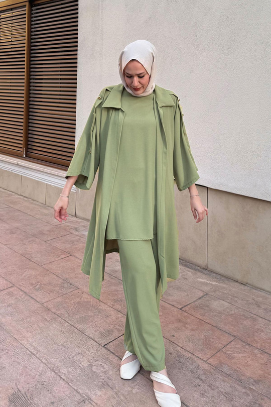 3'lü Gold Düğme Detay Takım Fıstık Yeşil