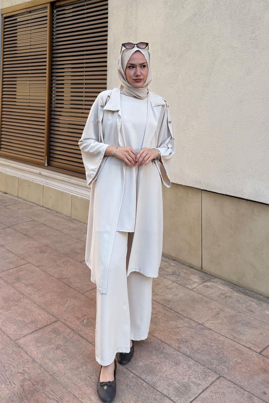 3'lü Gold Düğme Detay Takım Krem