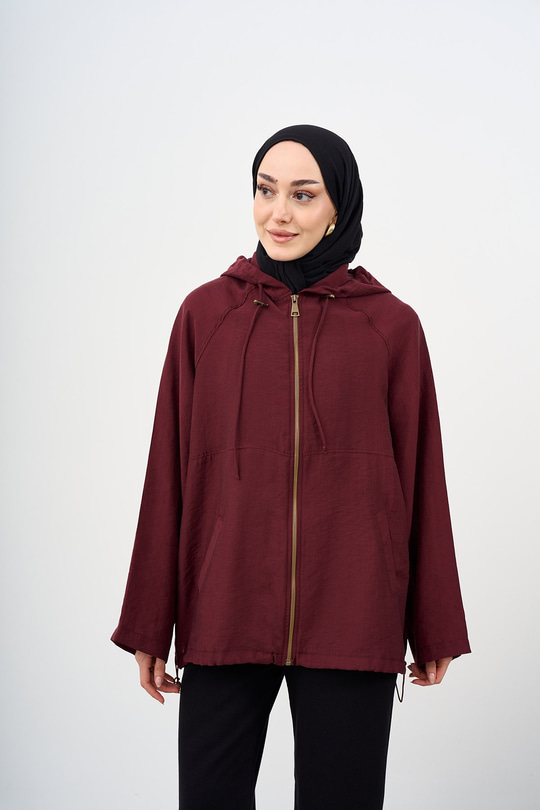 Kapüşonlu Cep Detay Fermuarlı Sweatshirt Bordo