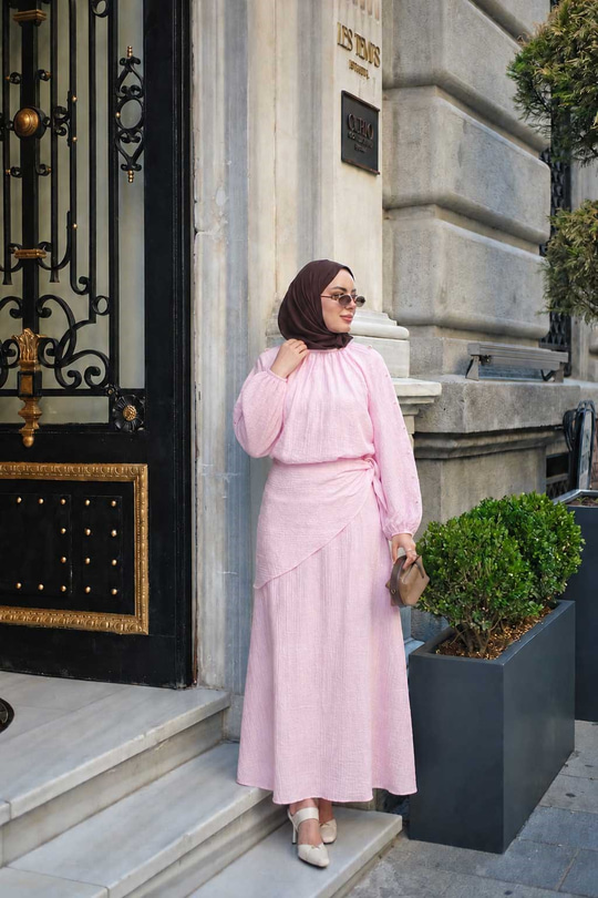 Yan Düğme Detaylı İkili Takım Pembe