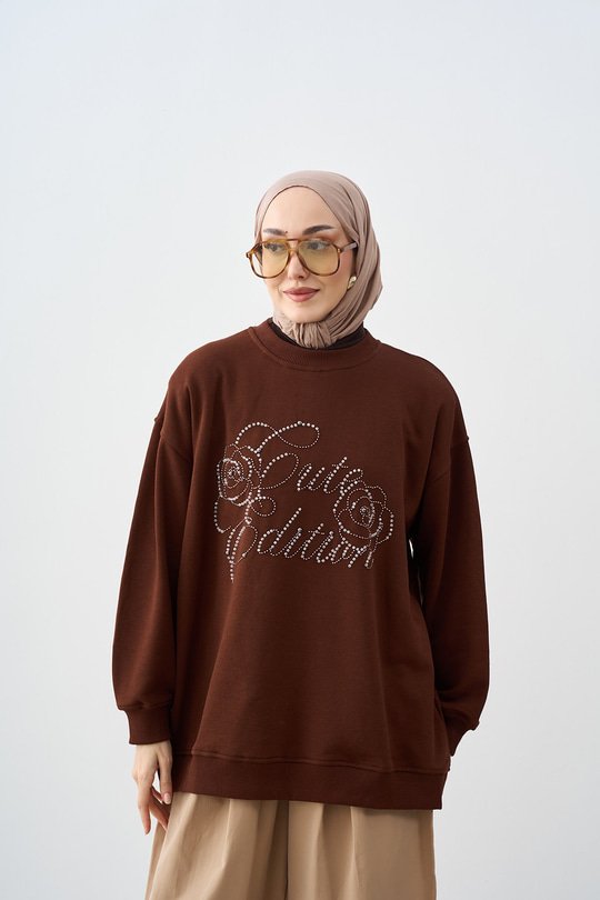 Önü İşlemeli Balon Kol Sweatshirt Kahverengi