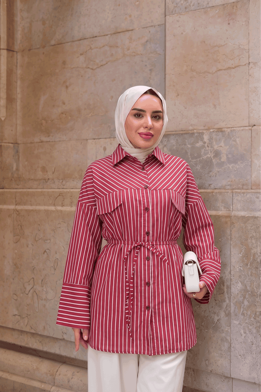 Çizgili Bel Bağlamalı Gömlek Kırmızı