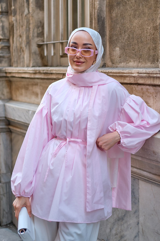 Önü Fırfır Detay Şallı Pileli Tunik Pembe
