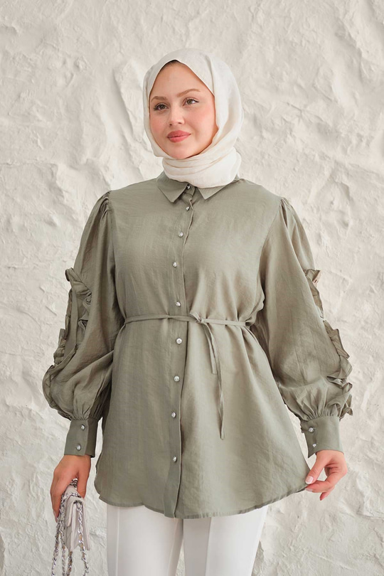 Kolları Fırfırlı Bel Bağlamalı Gömlek Küf Yeşil