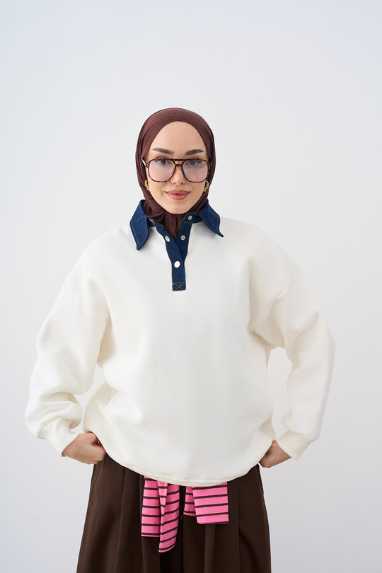 Yakası Kot Detay Sweat Beyaz