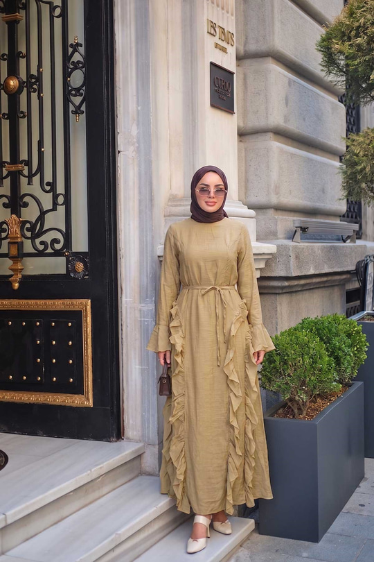 Tül Model Yanları Fırfırlı Elbise Yağ Yeşil