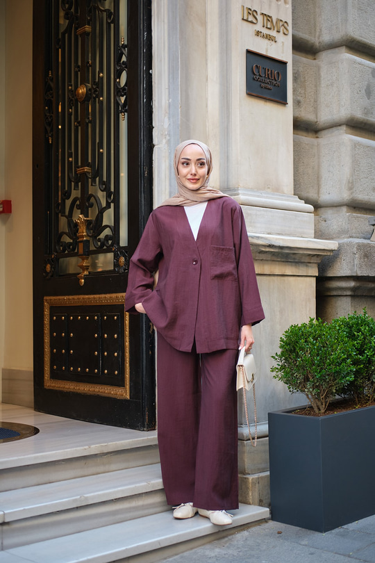 Tek Düğme Detay Oversize Tek Cepli Cupra Takım Bordo