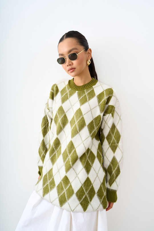 Baklava Desen Oversize Triko Tunik Fıstık Yeşil