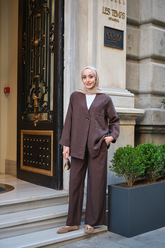 Tek Düğme Detay Oversize Tek Cepli Cupra Takım Kahverengi