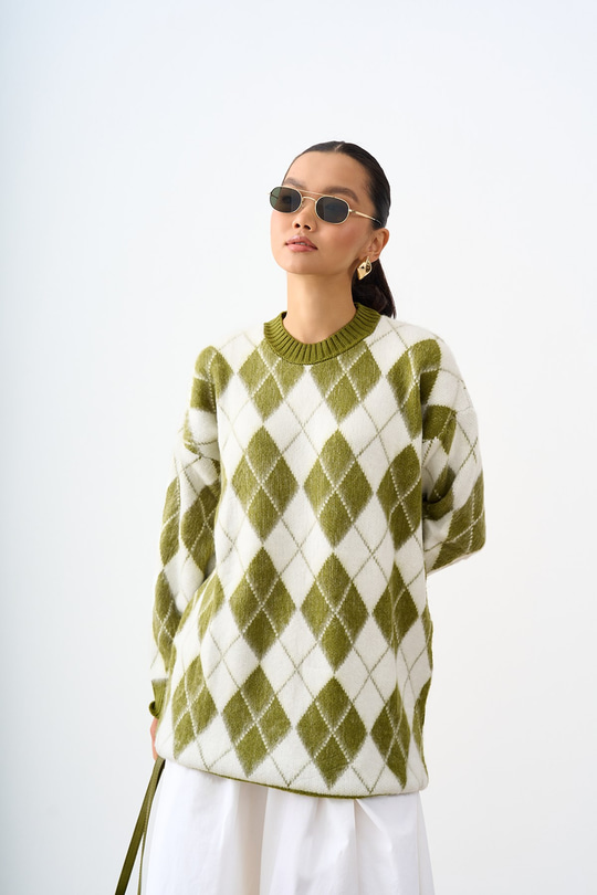 Baklava Desen Oversize Triko Tunik Fıstık Yeşil