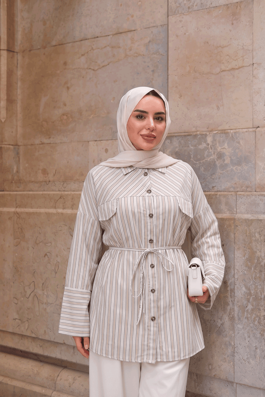 Çizgi Desenli Bel Bağlamalı Gömlek Vizon