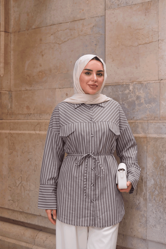 Çizgili Bel Bağlamalı Gömlek Açık Kahve