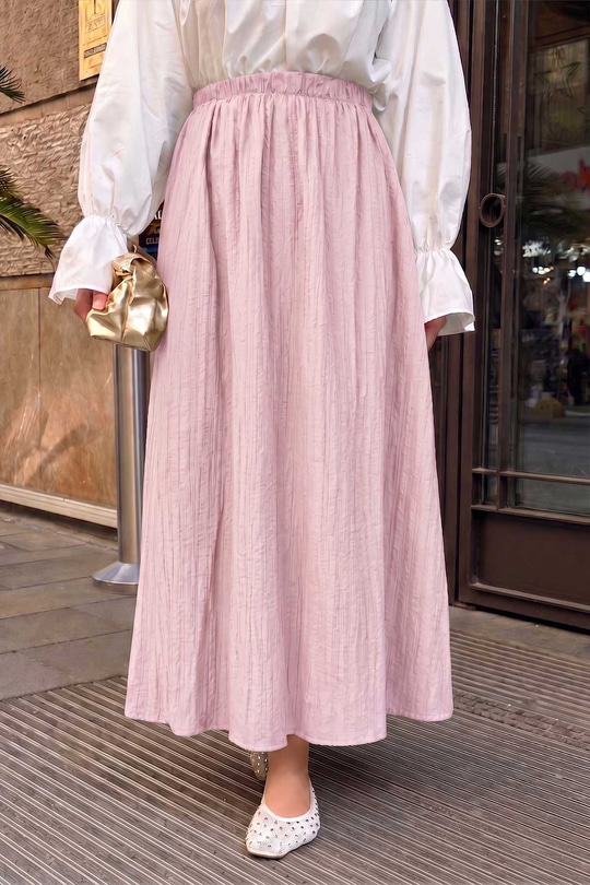 İçi Astarlı Beli Lastikli Kendinden Desen Gofre Etek Toz Pembe
