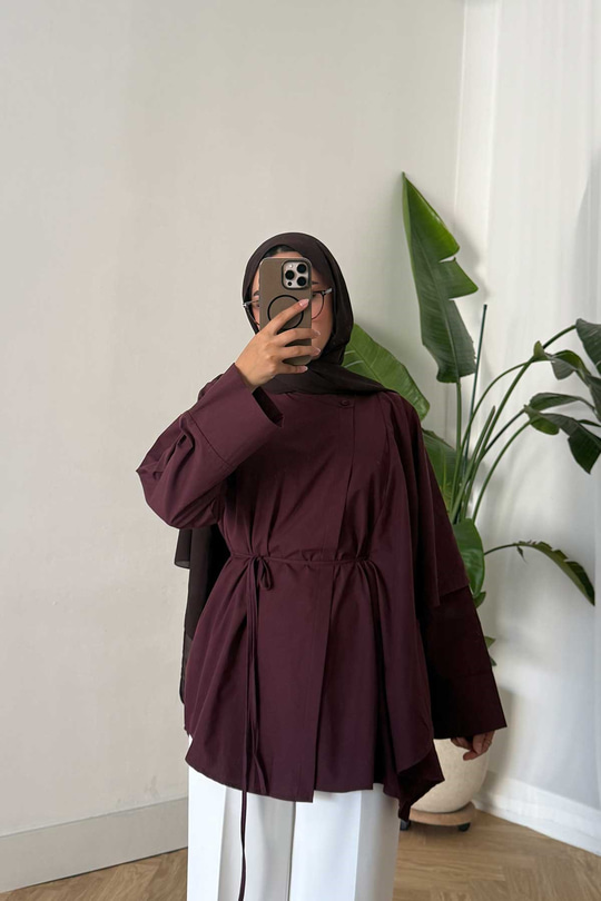 Asimetrik Pelerin Detaylı Poplin Gömlek Bordo