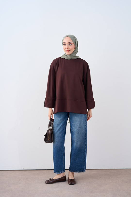 Bisiklet Yaka Çima Detay Sweatshirt Kahverengi
