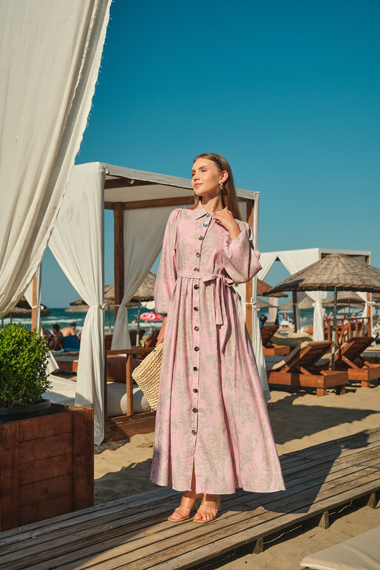 Çiçek Ve Yaprak Desen Boydan Düğmeli Bel Bağlamalı Keten Elbise Pembe