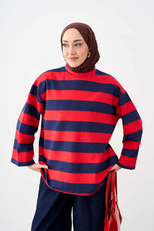 Bisiklet Yaka Çizgili Sweatshirt Kırmızı