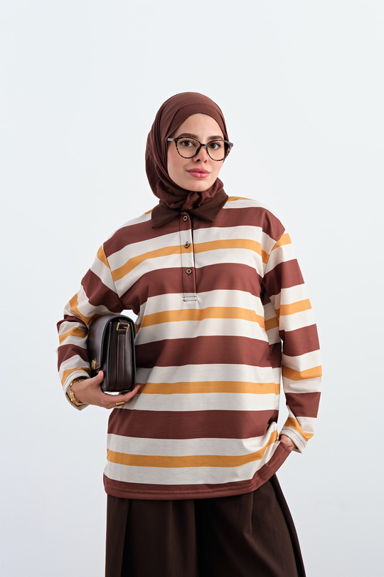 Kalın Çizgili Yarım Düğmeli Sweat Hardal