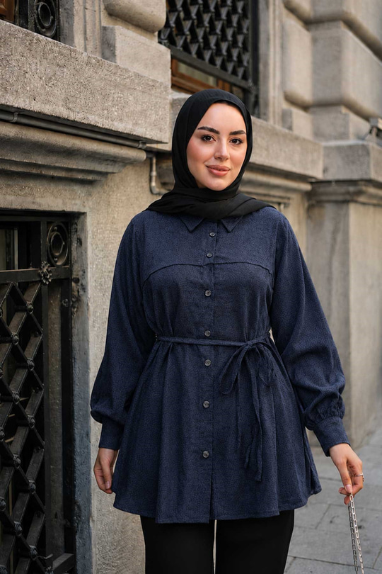 Yaprak Desenli Bel Bağlamalı Gömlek Lacivert