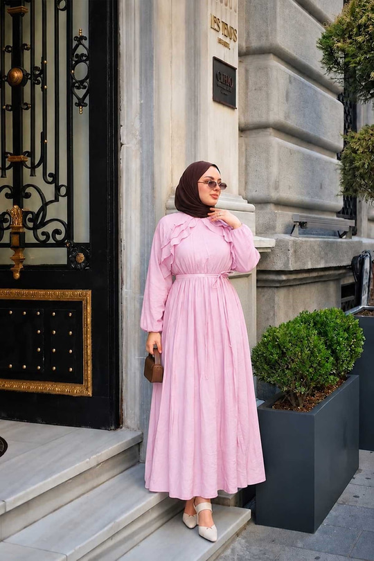 Fırfırlı Tensel Elbise Pembe