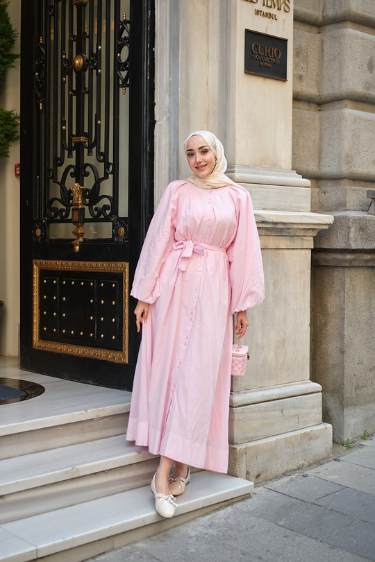 Balon Kol Bel Bağlamalı Elbise Pembe