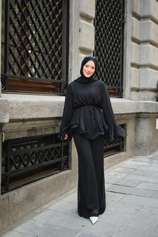 Beli Büzgülü Pantolonlu Şifon Takım Siyah
