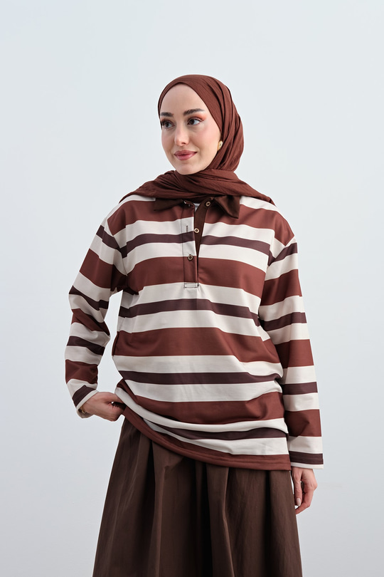Kalın Çizgili Yarım Düğmeli Sweat Kahverengi