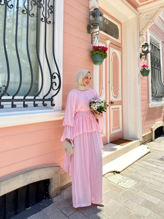 Tül Detay Bel Bağlamalı Pantolonlu Takım Pembe