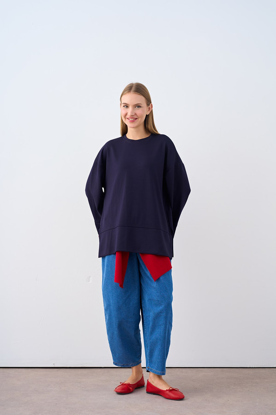 Bisiklet Yaka Çima Detay Sweatshirt Lacivert