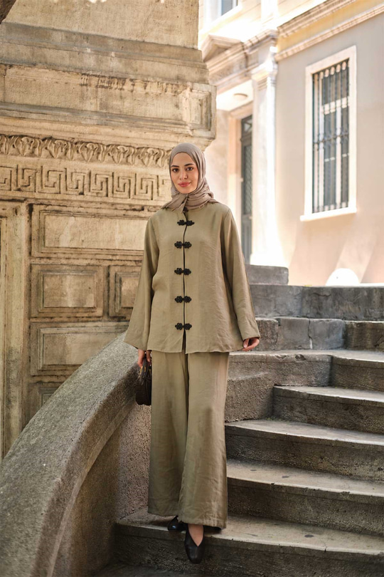Çin Düğme Detay Bel Lastikli İkili Takım Küf Yeşil