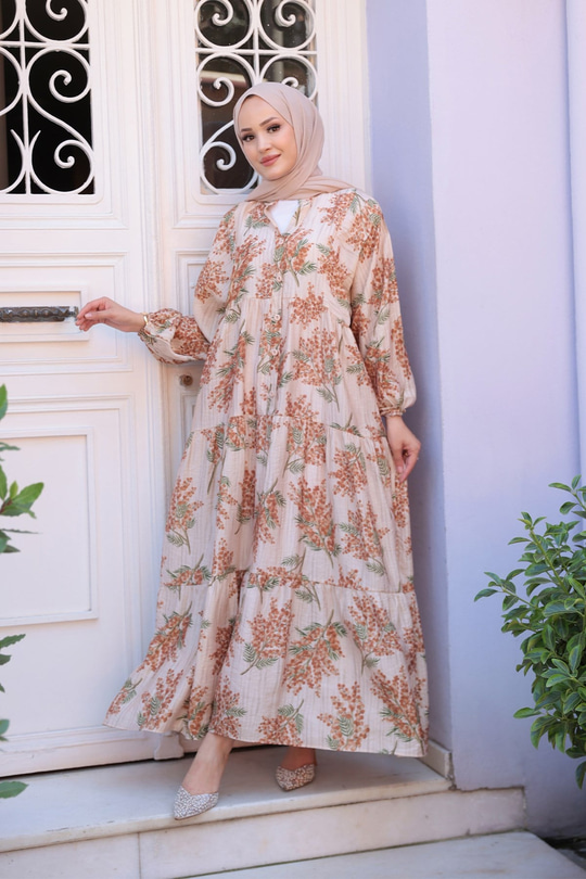 Ağaç Desenli Elbise Kahverengi