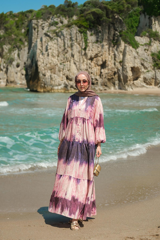 Ahşap Desenli Elbise Mor