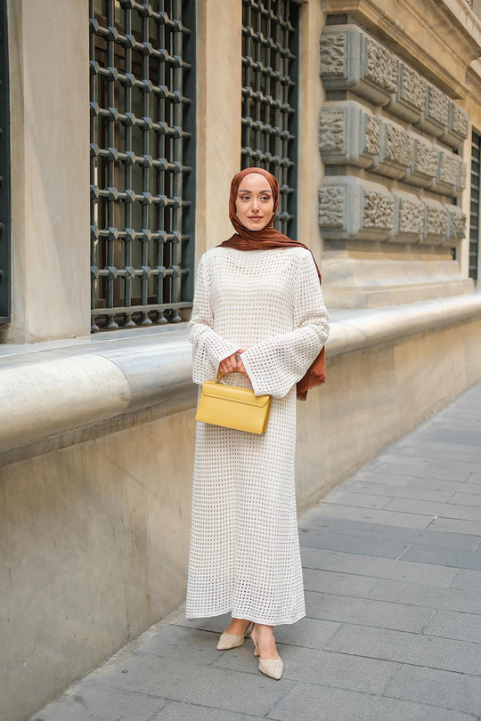 Ajur Desenli Elbise Krem