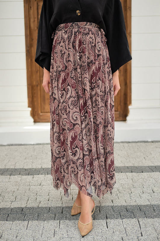 Asimetrik Kesim Etnik Desenli Şifon Etek Mürdüm