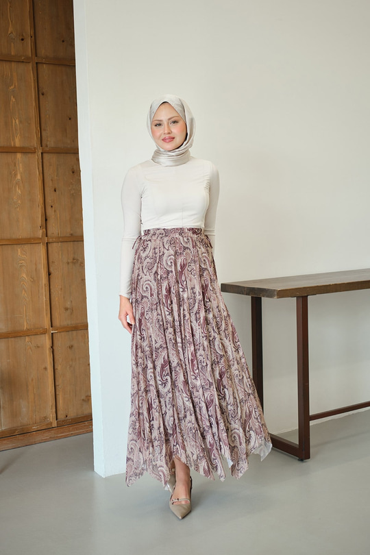 Asimetrik Kesim Etnik Desenli Şifon Etek Kahverengi