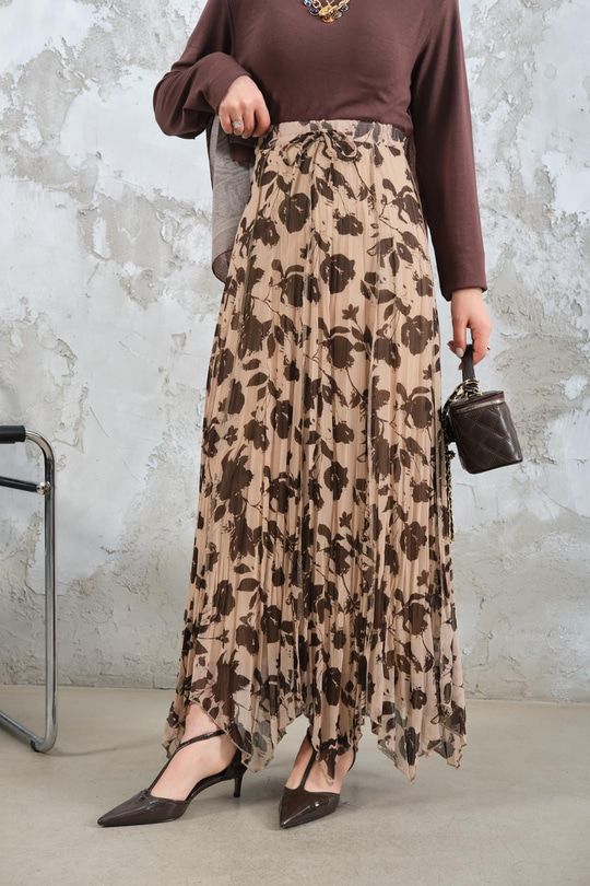 Asimetrik Şifon Etek Kahverengi