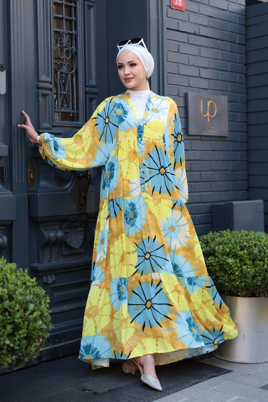 Ayçiceği Desenli Elbise Mavi-Sarı