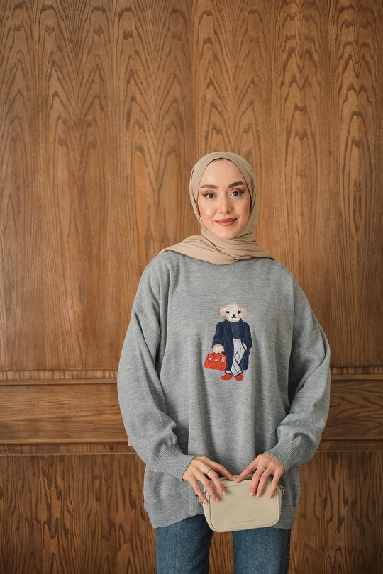 Ayıcık Nakışlı Triko Tunik Gri