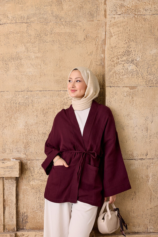 Cep Detaylı Keten Kimono Mürdüm