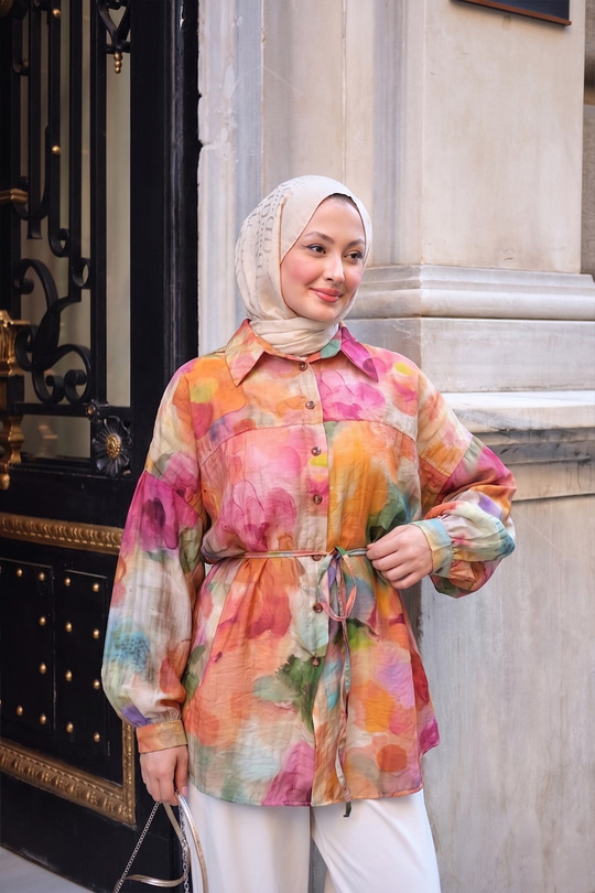 Sulu Boya Desen Bel Bağlamalı Gömlek Pembe
