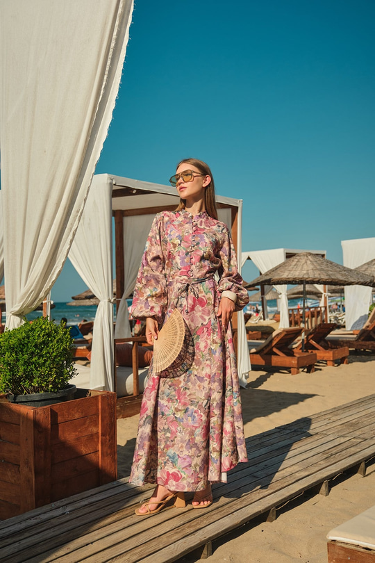 Çiçek Desen Düğmeli Ve Bel Bağlamalı Elbise Pembe