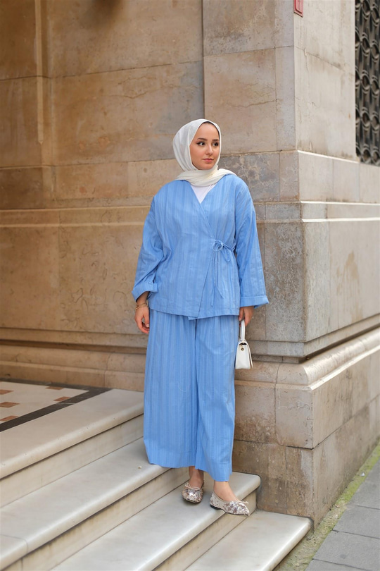 Badem Dikişli Kimono Takım Mavi