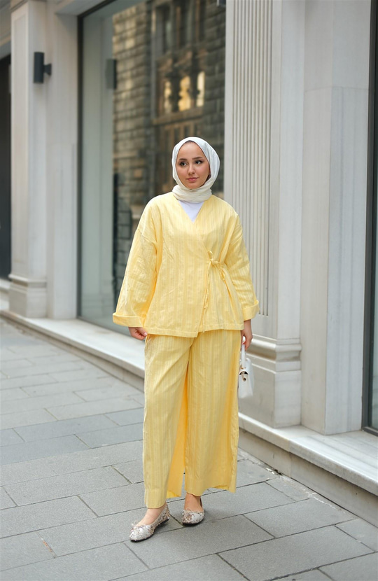 Badem Dikişli Kimono Takım Sarı