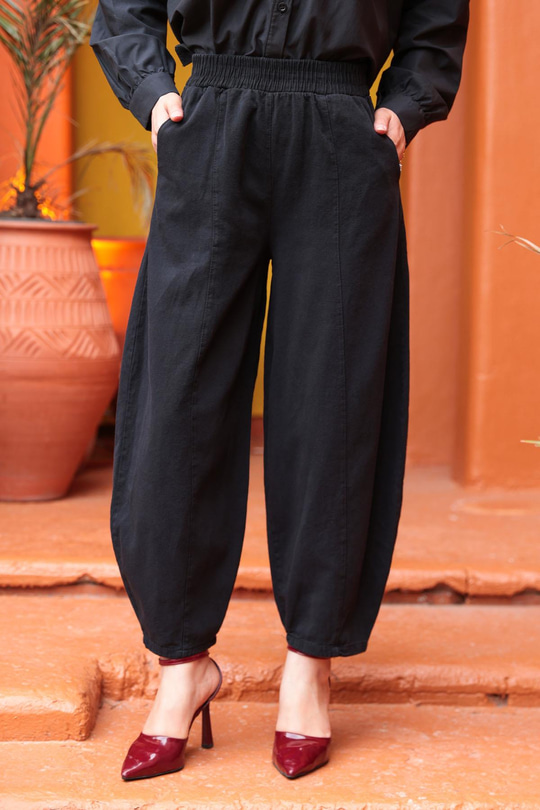 Baggy Beli Lastikli Keten Pantolon Siyah