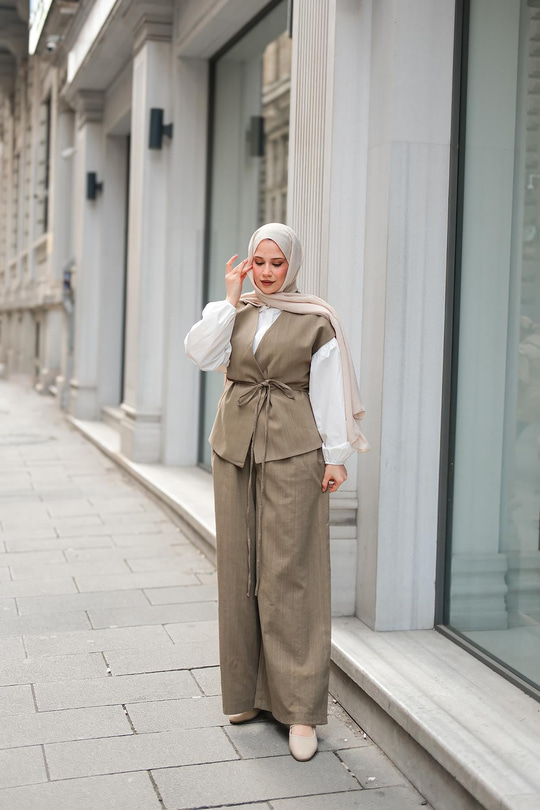 Bağlama Detay Yelekli Takım Haki Yeşil