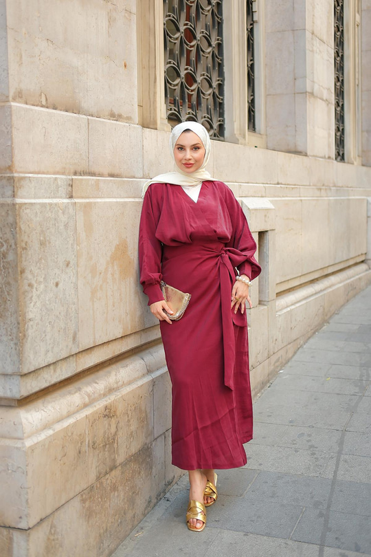 Bağlamal Detaylı Elbise Bordo
