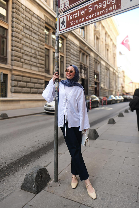 Bağlamalı Keten Gömlek Beyaz