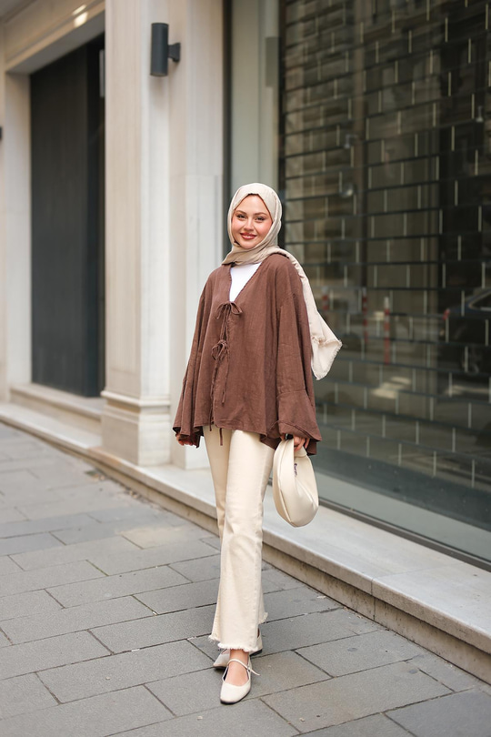 Bağlamalı Keten Gömlek Kahverengi