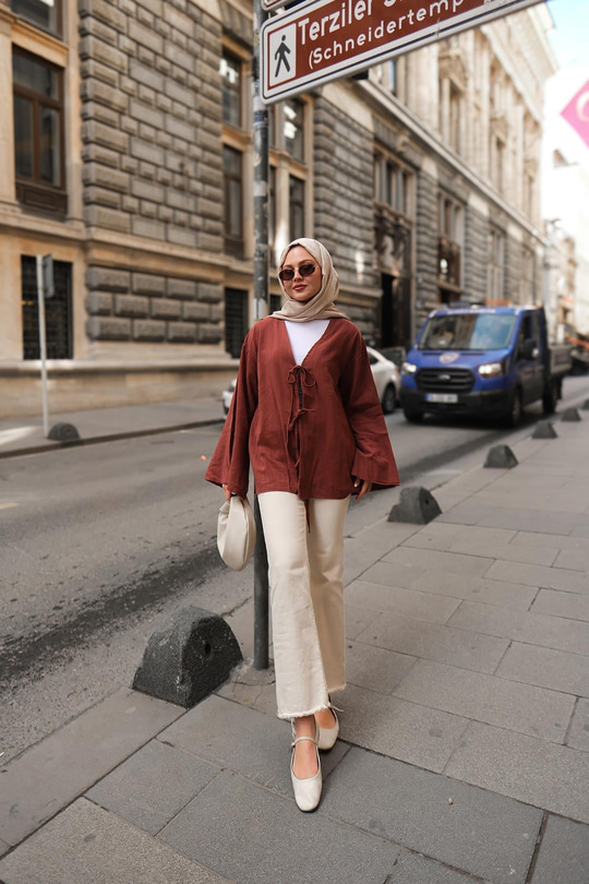 Bağlamalı Keten Gömlek Kiremit