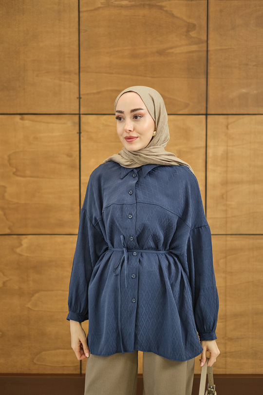 Baklava Desen Jakar Gömlek Mavi